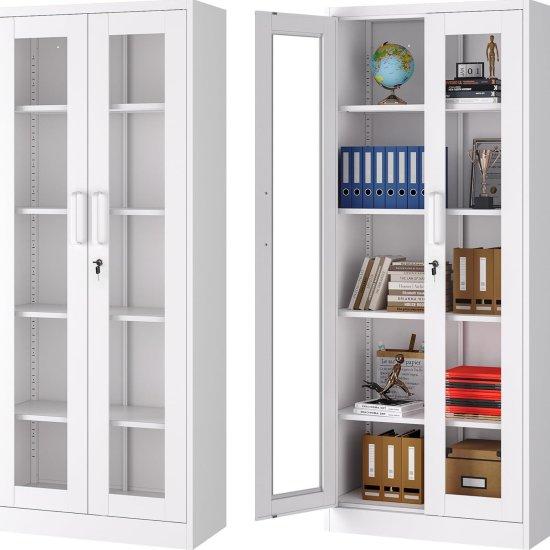 Beyaz Camlı Endüstriyel Ahşap 5 Raflı Büfe Dolabı 180 cm