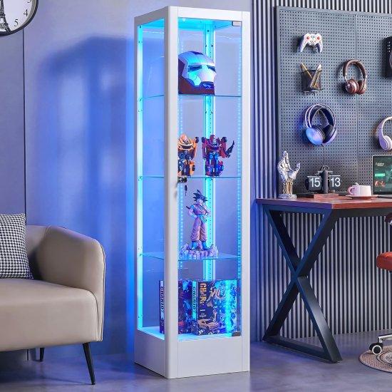 Beyaz Camlı LED Işıklı 4 Raflı Koleksiyon Dolabı 160 cm