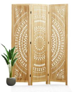 Doğal Ahşap İşlemeli 3 Panelli Katlanabilir Oda Bölücü 170 cm