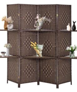 Dokulu Kahverengi Ahşap 4 Panelli Depolama Raflı Seperatör 180x160 cm