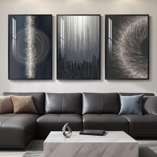 Gri Tonlu Modern 3lü Büyük Boy Çerçeveli Salon Duvar Tablosu 90x140 cm