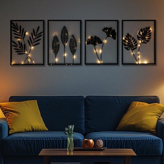 Işıklı Siyah Metal Ginkgo Yaprak Duvar Aksesuarı Seti 4 Parça 79x30 cm