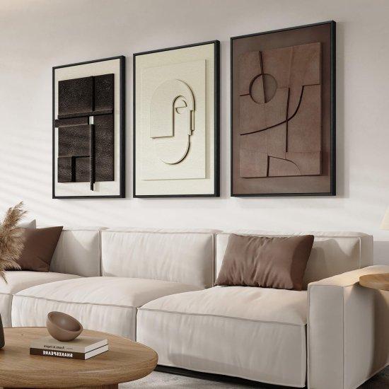Modern Kahverengi Tonlarında 3D Dokulu Üçlü Duvar Tablosu 61x91 cm