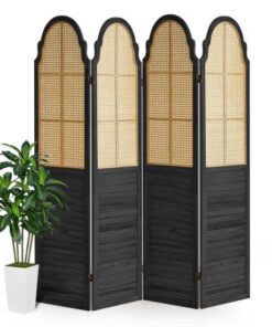 Modern Siyah Hasır Desenli 4 Panelli Ahşap Seperatör 180x160 cm