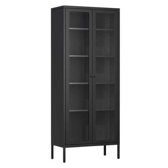 Siyah Camlı 4 Raflı Endüstriyel Metal Büfe Dolabı 180 cm