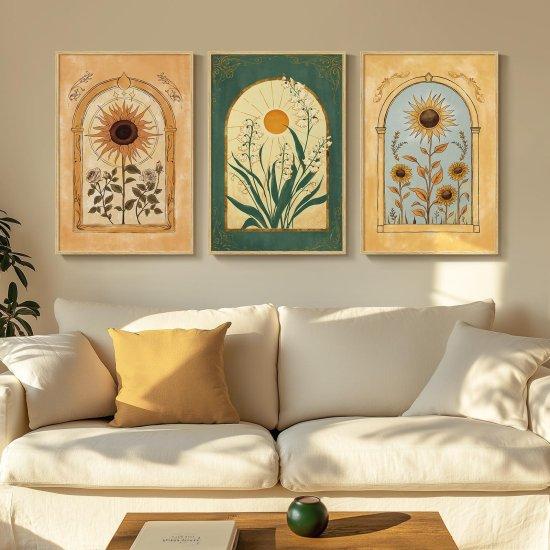 Vintage Boho Ayçiçeği ve Çiçek Desenli 3lü Çerçeveli Duvar Sanatı Seti 50x75 cm