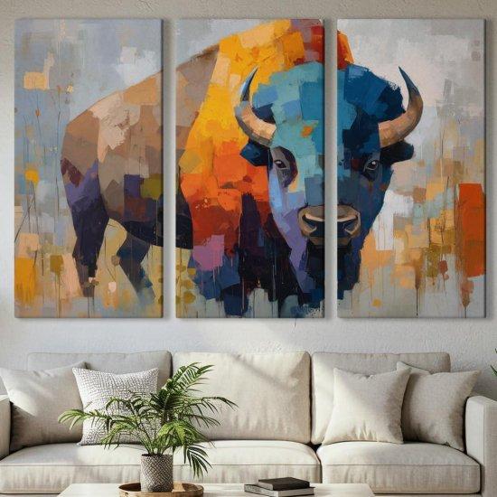 Yağlı Boya Tarzı Mavi Buffalo 3 Parça Tuval Duvar Sanatı 150 cm